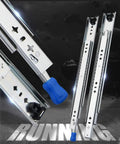 Rock Solid Heavy Duty Drawer Slides With Ball Bearing Telescopic Rails Glide Smooth As Butter Fully Extension Lock Built Tough Cold Rolled Steel For Nightstands And Garage Cabinets, close-up view of steel slides with blue handle.