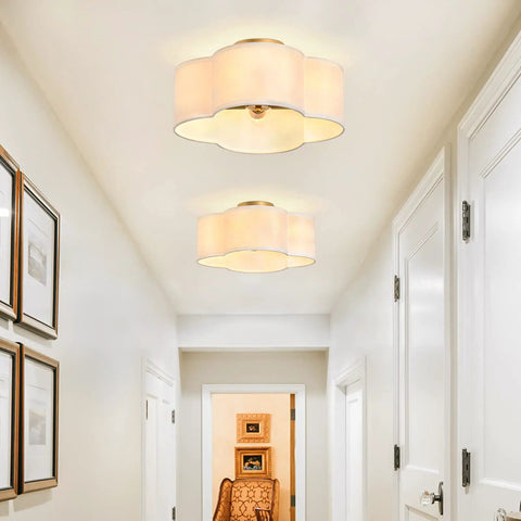 Four-Light Clover Drum Semi-Flush Ceiling Light With White Fabric Shade Close-To-Ceiling Fixture For Bedroom, Hallway, Kitchen, Corridor, Laundry Room Or Nursery E26 Bulb Compatible in hallway