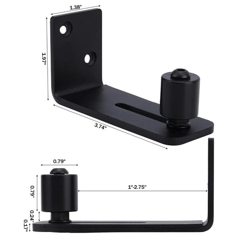 Two Pack Sliding Barn Door Floor Guides With Adjustable Rollers, black carbon steel, side view with measurements