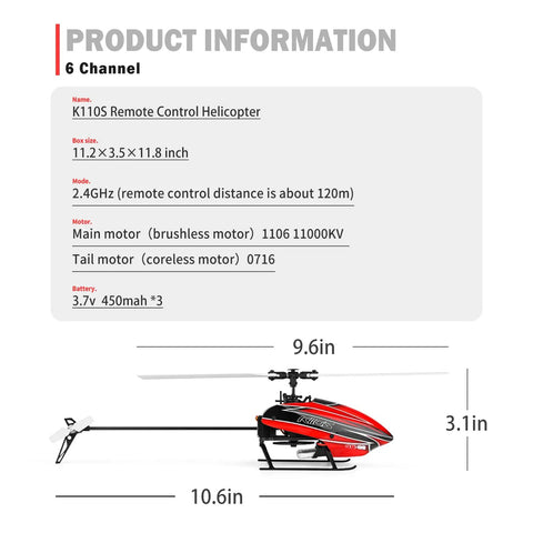Powerful Brushless RC Helicopter With 6CH 2.4G Remote For Adults, 3D Inverted Flight details and dimensions shown