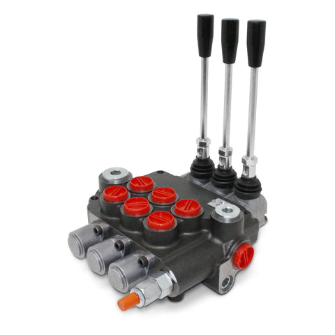 Monoblock hydraulic directional control valve, three-spool, SAE ports, front view with red port caps and three levers.