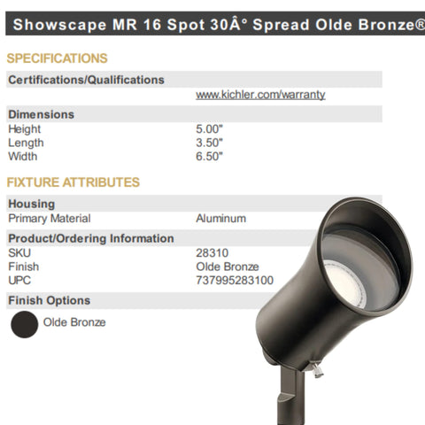 Showscape Collection LED MR16 Landscape Accent Lights Wall Wash Spotlight, 30 Degree Spread In Olde Bronze, 5W Outdoor Garden Lighting, Includes Lamp And Connectors, 4 Pack, product specifications and spotlight illustration