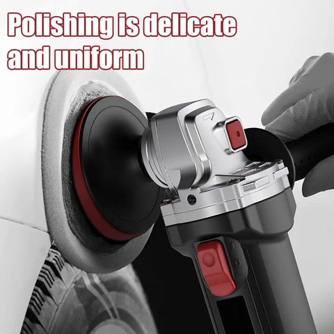 Supercharged 1300W Corded Angle Grinder With 100mm Capacity for polishing a surface, showcasing low noise design and ergonomic grip.