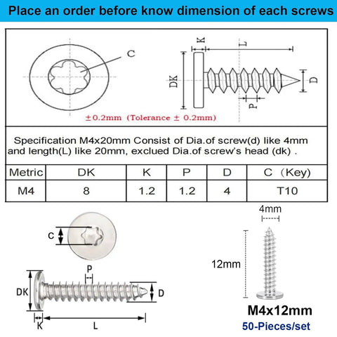 Built Tough Top Shelf Torx Flat Head Self Tapping Screws M4X12 304 Stainless Steel dimensions and specifications chart.