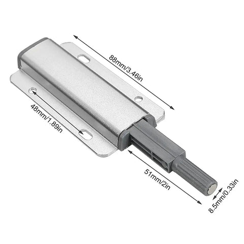 Heavy Duty Magnetic Push Latch Set 2 Pack Metal Cabinet Door Catch with aluminum alloy build, push to open system, dimensions shown
