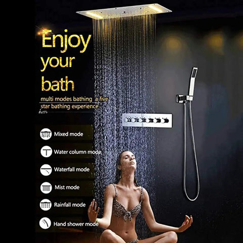 Level Up Your Bathroom Routine With This Top Notch Ceiling Mounted Rain Shower Combo Featuring Smooth Led Faucet Lighting And A Massive Stainless Steel Head For Serious Daily Spa Vibes, showcasing LED shower head and control panel.