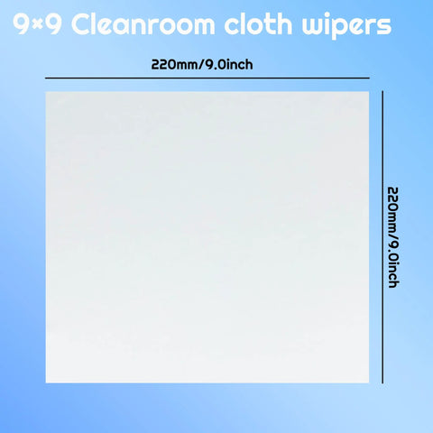 Heavy Hitter 100 Pack Cleanroom Cloth Wipes 9x9 Inch Microfiber Lint Free Disposable Laser Sealed Edge displayed against a blue background.