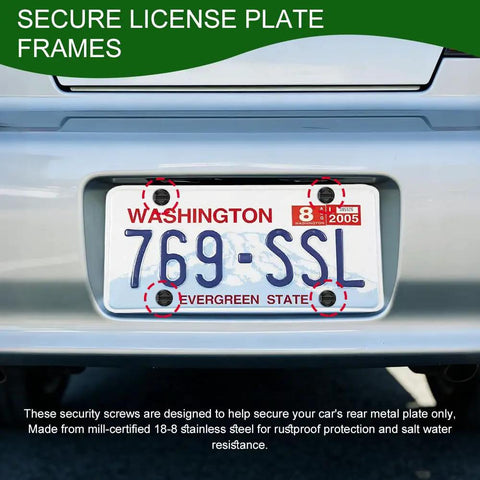 Built Tough 4Pc Matte Black License Plate Screws And Security Bolts Heavy Duty Stainless Steel Rust Proof Fastener Set For Any Rig Anti Theft Quick Install Zero Drama Front Rear Tag Holder Kit installed on a vehicle's rear plate.