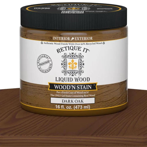 Premium Dark Oak Liquid Wood Gel Stain 16 Oz Pint on wooden surface for indoor outdoor furniture renovations.
