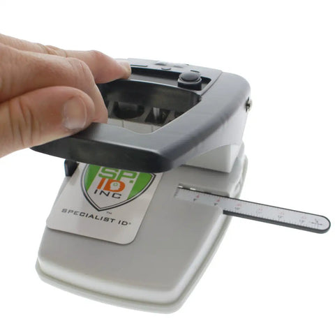 Three In One ID Card Hole Punch Tool for name badges with round hole, slot hole, and corner punches plus adjustable centering guide.