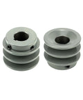 Double Groove V Belt Pulley 2.20 Inch Outer Diameter For 7/8 Inch Shaft Fixed Bore Cast Iron Sheave 2 Grooves Keyway 3/16 Inch For A 3L And 4L Belts, showing front view of two metal pulleys.