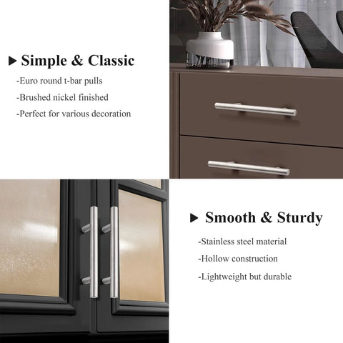 Brushed Nickel Finish Cabinet Handles And Drawer Pulls Stainless Steel Hollow Tubes installed on kitchen cabinets and closet
