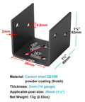 Heavy Duty Black Half Post Base For 2x2 And 2x4 Posts Joist Hanger Connector With M4 Holes, 3/32 Inch Thick Carbon Steel, Angled View