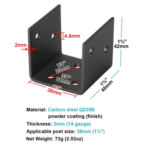 Heavy Duty Black Half Post Base For 2x2 And 2x4 Posts Joist Hanger Connector With M4 Holes, 3/32 Inch Thick Carbon Steel, Angled View