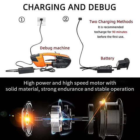 Portable Electric Strapping Machine For PP PET Steel Bands. Auto Hot Melting Packer with battery charging detail.