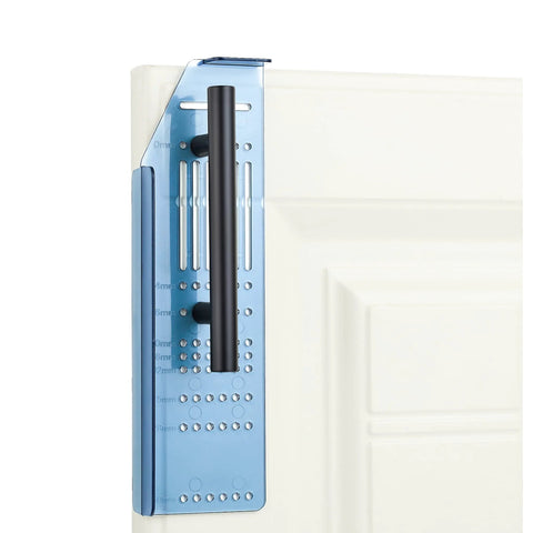 Cabinet Hardware Drill Template Kit For Knobs And Pulls, Precision Jig installed on a cabinet door, showing multiple center holes and handle.