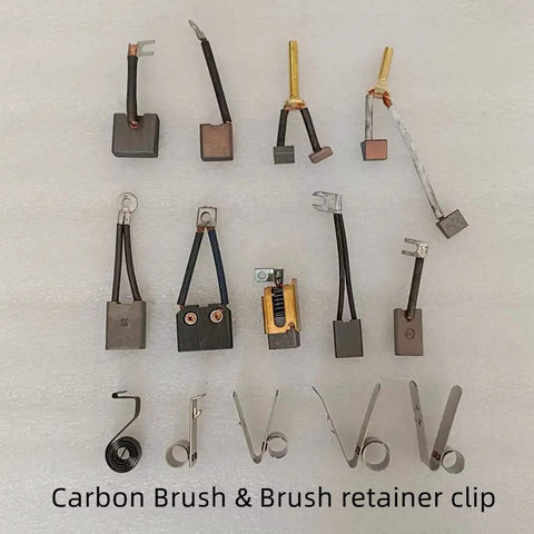 High Performance 4 Pack Graphite Carbon Brushes For Electric Forklift Steering Motor Replacement showing various carbon brushes and clips.