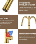 Top Shelf Brushed Gold Kitchen Faucet With Drip Free Pull Down Sprayer And Included Deck Plate close-up of honeycomb sprayer and controls.
