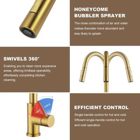 Top Shelf Brushed Gold Kitchen Faucet With Drip Free Pull Down Sprayer And Included Deck Plate close-up of honeycomb sprayer and controls.