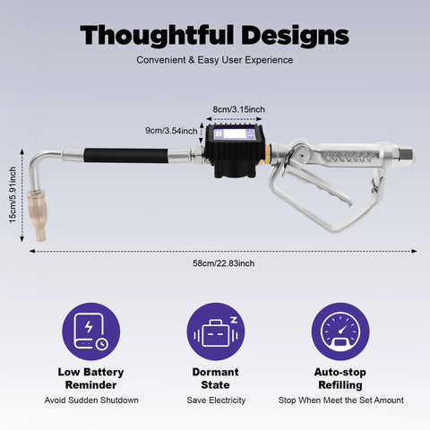 Heavy Duty Digital Oil Control Valve Meter Nozzle Pneumatic Flow Gun with Cozy Grip Handle, 22.83 inch, designed for auto shops.