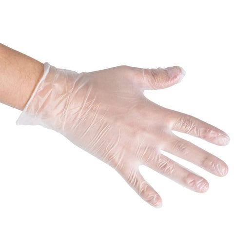 Close-up of a hand wearing Two Hundred Disposable Vinyl Gloves Non Sterile Powder Free Smooth Touch Food Service Grade Large Size Ambidextrous Pack Of 2x100 Water Resistant For Cleaning And Food Prep Workhorse Kitchen Gloves.