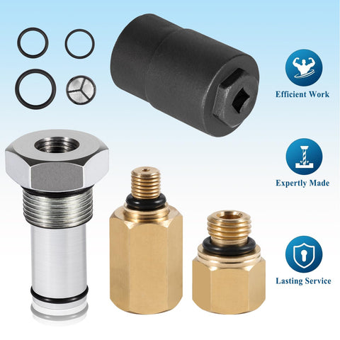 6.0L IPR Valve Socket Kit And Oil Rail Adapters Set For Ford 6.0L Powerstroke Diesel Engine High Pressure Oil Pump IPR Valve Air Test Fittings With Seal Kit 8 Pack featuring socket and brass adapters