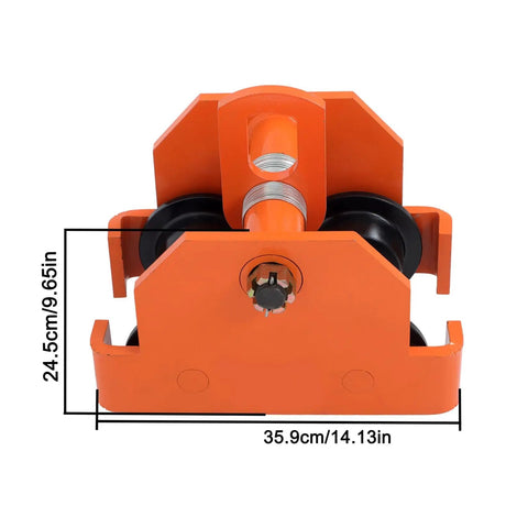Front view of Beefy Manual Trolley For I Beam And H Beam With 11000 Lb Load Capacity Adjustable Flange Width, orange alloy steel construction.