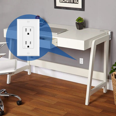 Office scene with Decorator Wall Receptacle Outlet Kit With 50 Pack Tamper Resistant Outlets For Easy Install, 15 Amp 125 Volt Standard 2 Pole 3 Wire, Includes Wall Plate, UL Listed White For Home Office School And Commercial Use highlighted on wall.