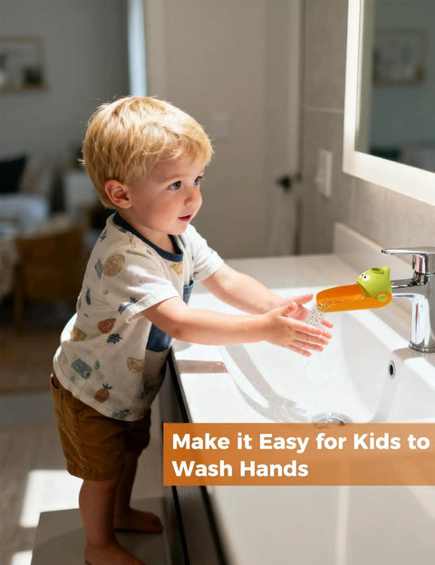 Handy Dandy Silicone Faucet Extender For Toddlers Smooth Sink Reach Helper used by child at bathroom sink for easy hand washing.