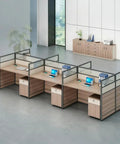 Boss Tier Modular Office Cubicle Workstation Desk Featuring Tempered Glass Privacy Panels And No Stress Usb Charging Hub Plus Lockable Rolling Storage Cabinet With Sleek Cable Management For Seamless Team Collaboration in an office setting.
