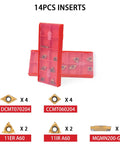 Front view of red plastic storage case containing 14 carbide lathe turning inserts for metal turning
