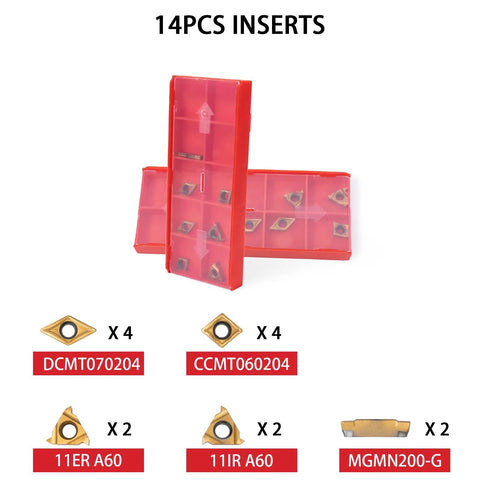 Front view of red plastic storage case containing 14 carbide lathe turning inserts for metal turning