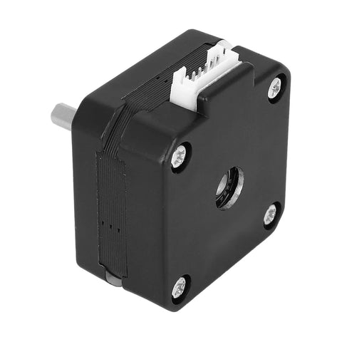 Angled front view of Nema 17 stepper motor with alloy housing, 12V 0.7A, 4-wire.