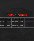 Vehicle fitment chart for Mitsubishi Lancer ES 2005-2002 and Mirage 2002-2000, front location, with 3.9'' stud spacing.