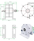 Low RPM Permanent Magnet Generator For Water And Wind Turbines, 3-Phase Gearless AC Alternator With Rectifier, technical diagram and side view.