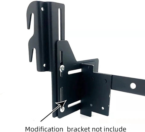 Heavy Duty Rock Solid Hook On Bed Frame Conversion Bracket Kit With Quick Install Hardware Bolt On To Hook On Headboard Or Footboard Black Steel side view showing adjustable slots and bolt on options.