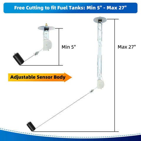 240-33 Ohm Fuel Sending Unit And Gauge Combo For 5 To 27 Inch Tanks, Waterproof Fuel Level Sender With 7 Color Backlight, Multi Signal Gauge For Boats, Marine, Trucks And Automotive Applications adjustable sender body shown min 5 max 27