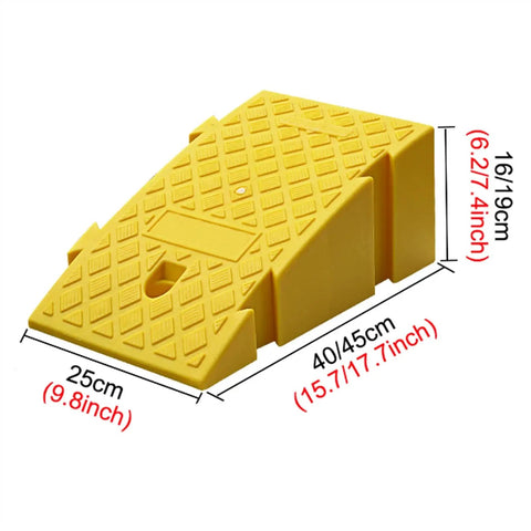 Built Tough Portable Loading Ramp With Grippiest Non Slip Surface Heavy Duty Threshold For Driveway Curb Loading Dock Wheelchair Setup Quick Swap Orange Model 25 By 45 Centimeter Compact Size For Side Walk And Parking Gate Easy Roll On Assistance, yellow ramp with measuring dimensions.