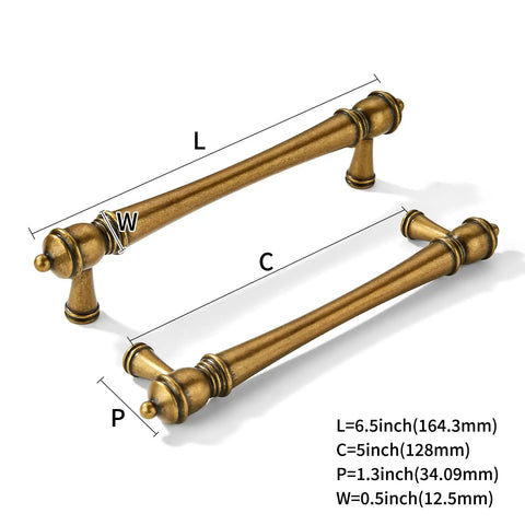 Heavy Duty Vintage Antique Brass Cabinet Pulls Ten Pack With Five Inch Hole Spacing showing two handles with detailed dimensions.