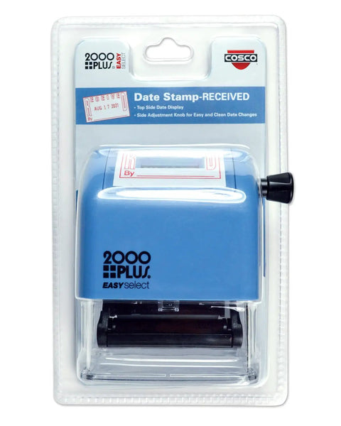Self Inking Date Stamp Featuring Received Plus Date Readout And Bold Red Ink On Heavy Duty Plastic Body With Twist Calendar Knob For Zero Hassle Adjustments While Long Lasting Cartridge Nails Every Mark in packaging.