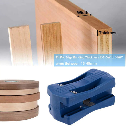 Go To Edge Banding Trimmer For Veneer And Laminate Edges with blue handheld trimmer and wood materials, size labeled