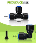 Quick Connect Drip Irrigation Fittings Kit For One Quarter Inch Tubing Garden Pots Greenhouses And Lawns With Tees Elbows And End Plugs Easy Plug And Play Installation No Tools Required, showing tee and elbow fittings with dimensions.