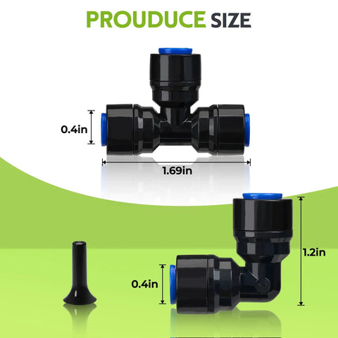 Quick Connect Drip Irrigation Fittings Kit For One Quarter Inch Tubing Garden Pots Greenhouses And Lawns With Tees Elbows And End Plugs Easy Plug And Play Installation No Tools Required, showing tee and elbow fittings with dimensions.