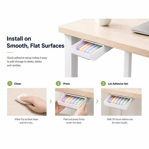 Kick Clutter To The Curb With This Slick Under Desk Drawer Organizer 2 Pack tutorial for adhesive installation on a desk.