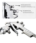 Hardcore Pro Level Pneumatic Spray Gun With Slick Adjustable Valve And Killer Stainless Steel Nozzle For Smooth Auto Paint Jobs Up To 1000 Ml Capacity Tight Antiskid Grip Saves Dough On Quick Body Work Details, showing adjustment knobs.