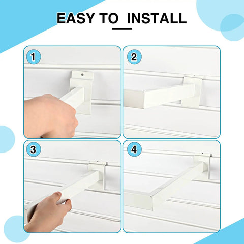 Set Of 4 U Shaped Slatwall Hang Rails 12 By 24 Inch White Rectangular Tubing Metal Wall Hangers For Retail Displays shown installed