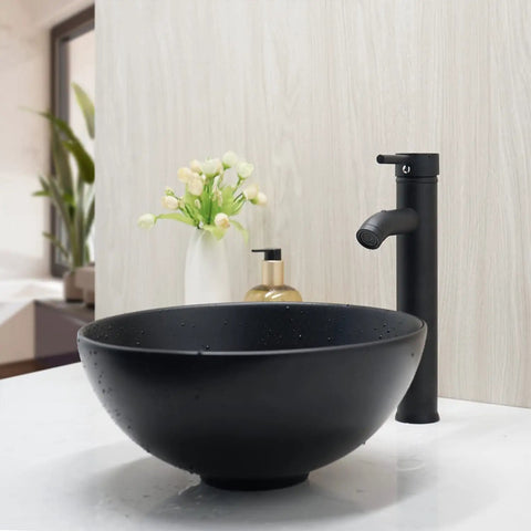 Dope Matte Black Vessel Sink Set With Faucet And Pop Up Drain, 12.8 Inch Round Ceramic Above-Counter Bathroom Sink