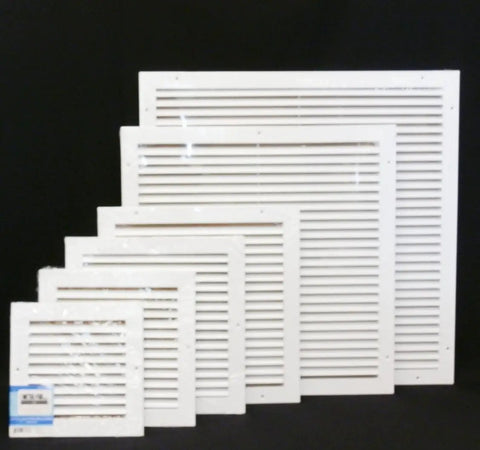 Multiple aluminum return grilles of varying sizes displayed against a black background.