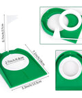 Two Pack Golf Putting Cup With Flag For Indoor Outdoor Practice, green cup with white ring and flag, dimensions shown