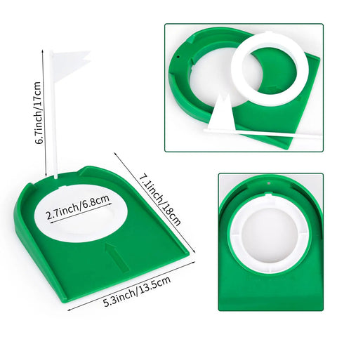 Two Pack Golf Putting Cup With Flag For Indoor Outdoor Practice, green cup with white ring and flag, dimensions shown